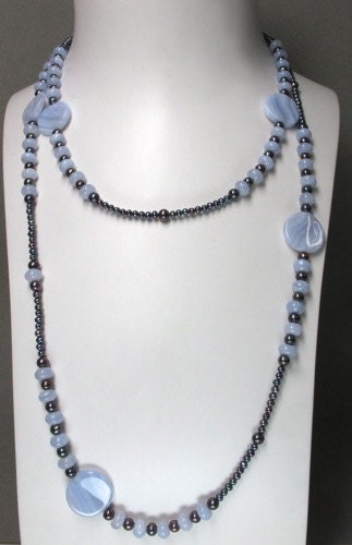 Blue Lace Agate and black fresh water pearls necklace