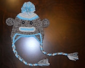 Crochet Sock Monkey Earflap Hat & Diaper Cover Set Handmade Blue Photo Prop