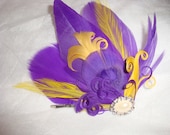 peacock feather hair clip FREE SHIPPING "lsu" purple and yellow feather & sparkling rhinestone and pearl accent "lsu". lsu hair accessories