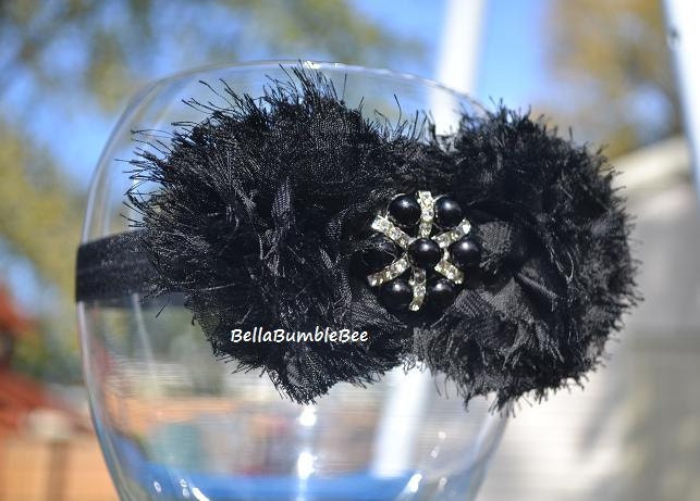 Black Baby Girl Headband, Shabby Puff Chic Flower, Fits Newborn, Infant or Toddler, Vintage Style Rhinestone, Photo Prop