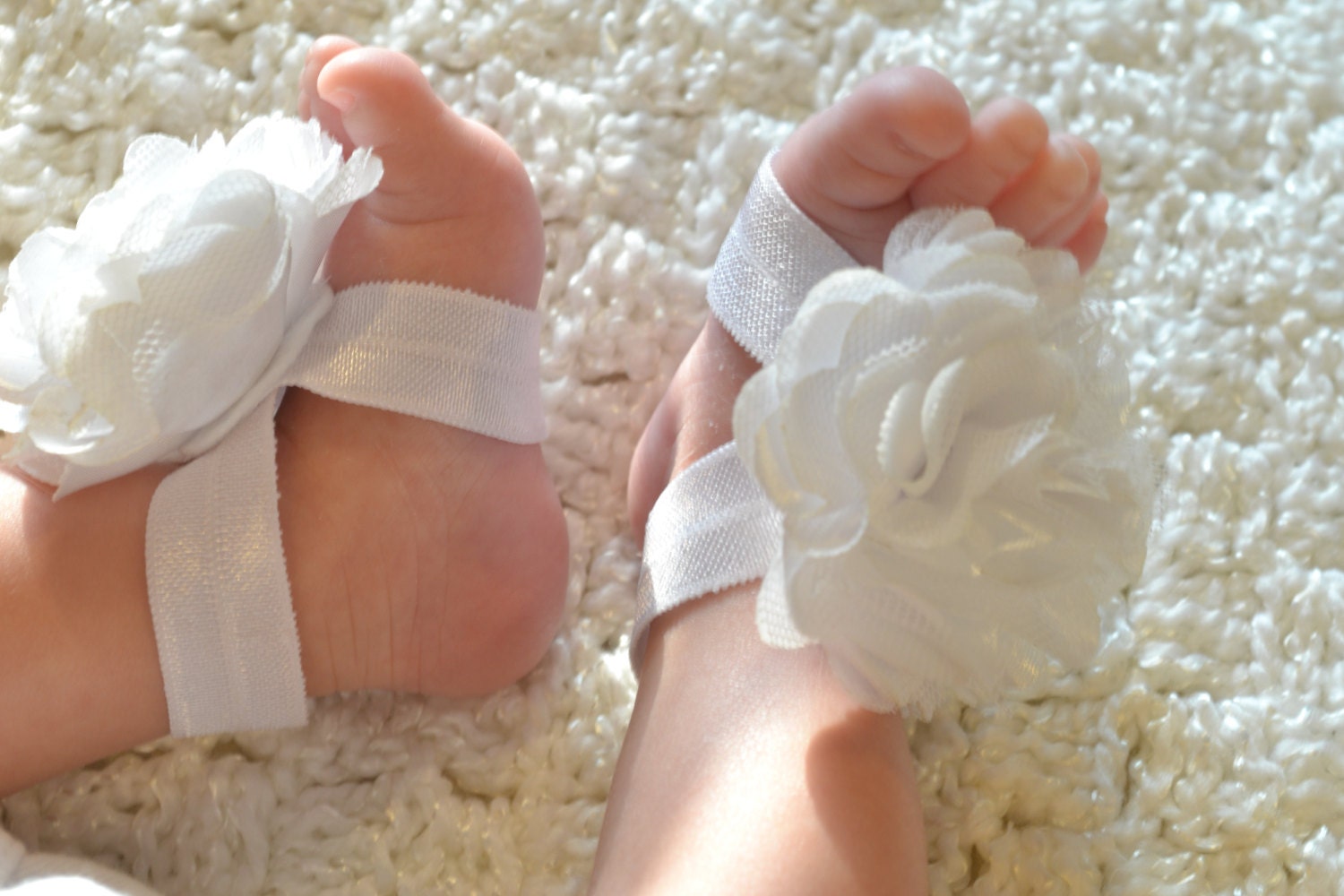 White Baby Barefoot Shabby Flower Sandals for Newborn Infant or Toddler Girls, Satin Mesh Christening Baptism Booties, Bottomless Sandles