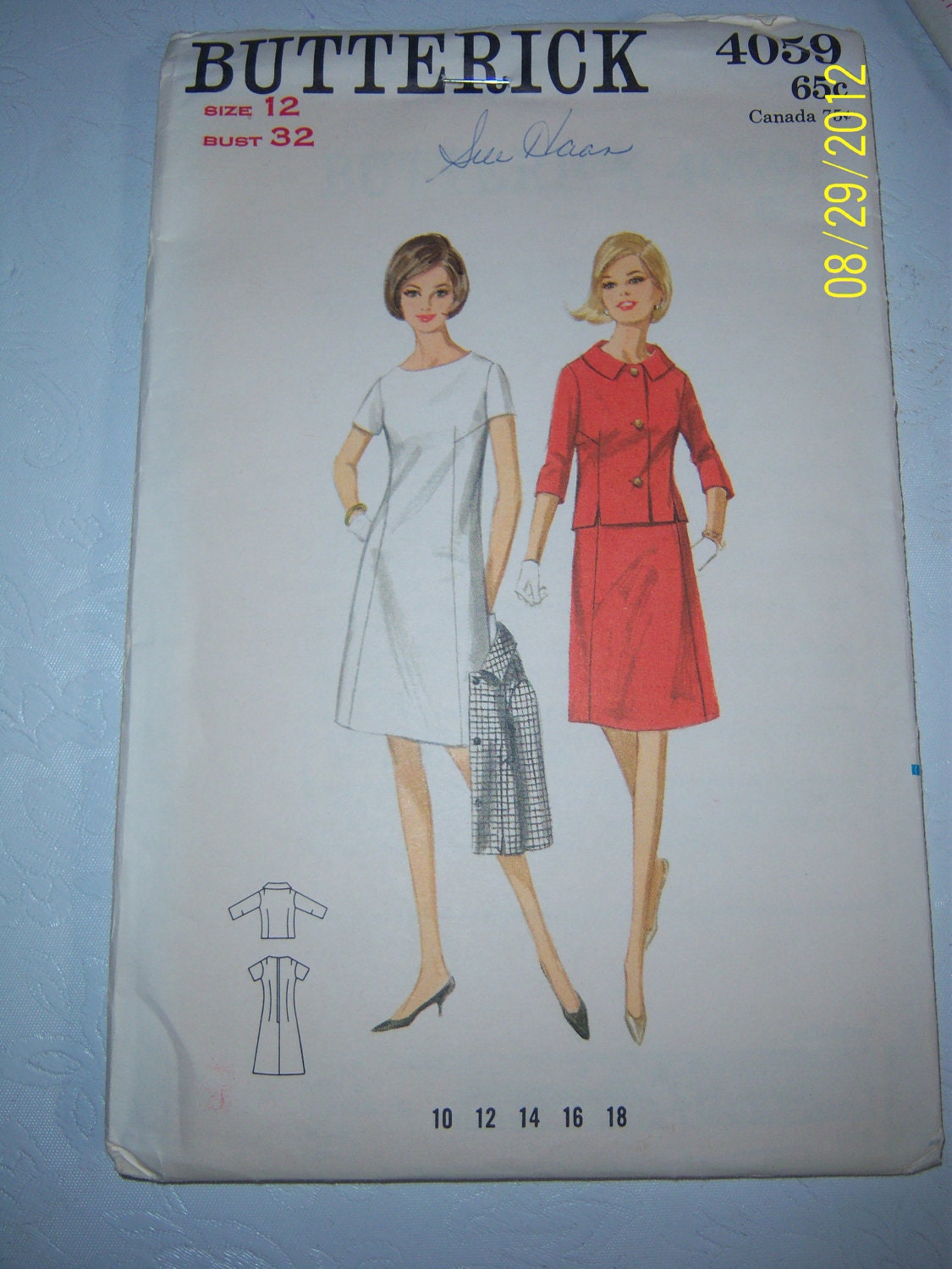 Semi-fitted A-Line dress, high wide neckline, shaped jacket, rolled collar, size 12, All 15 pieces,60s Butterick Sewing Pattern 4059