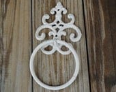 White-Hand Towel Ring - Fleur de lis Holder - Distressed Cast Iron - Bathroom Metal Fixture - Accessory Rack - Shabby Chic