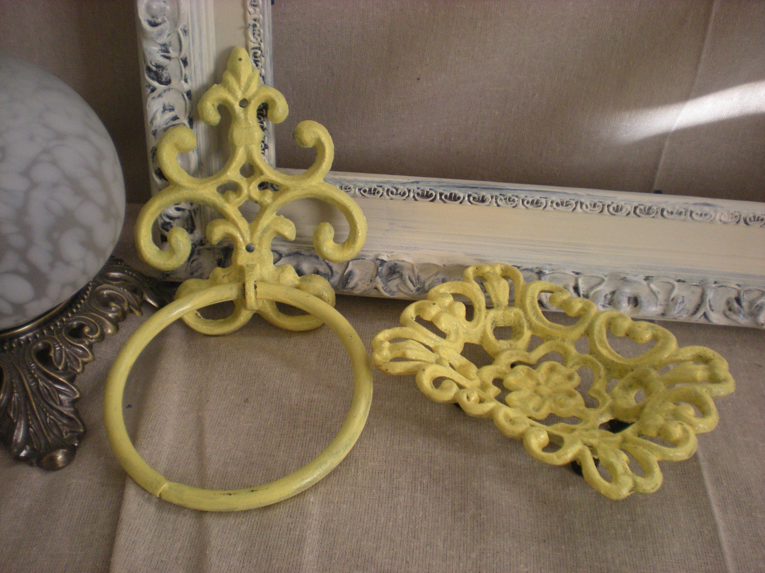 Yellow Towel Ring and Soap Dish Set/ Shabby Chic Bath Decor / Fleur de lis/ Ornate Bathroom Decor/Bathroom, Kitchen Decor/