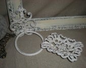 White Towel Ring and Soap Dish Set/ Shabby Chic Bath Decor / Fleur de lis/ Bathroom Decor/Bathroom, Kitchen Decor/