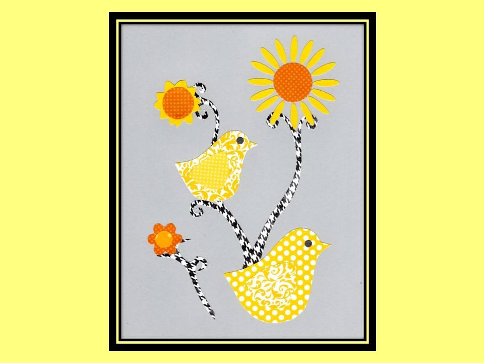 Yellow & Gray Bird Print, Girls Nursery Art,  Yellow Peeps, Gray, Yellow Birds and  Orange Sunflowers  8 x 10 collage prints