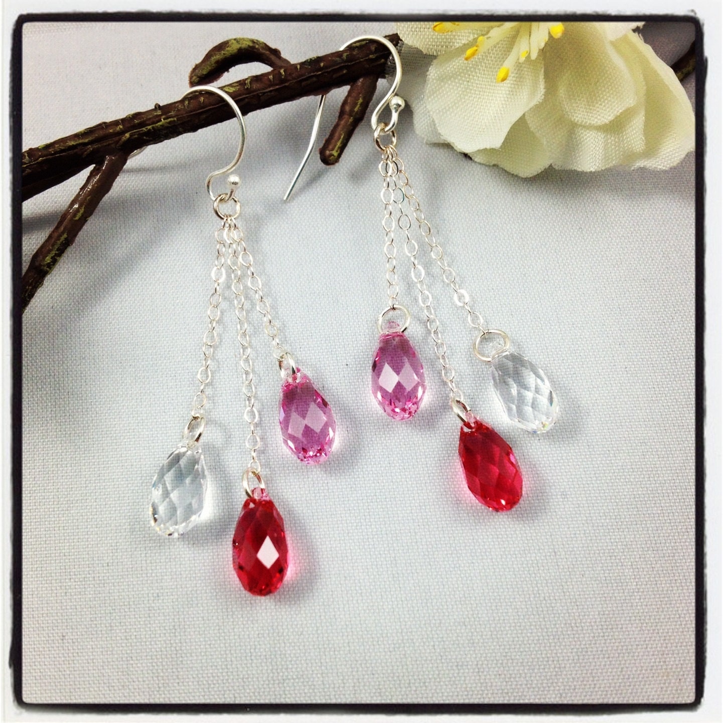 Pink & Clear Swarovski Crystal Earrings, Sterling Silver, Long Chain, Dangle, Briolette Drop, Bridal/Wedding Jewellery