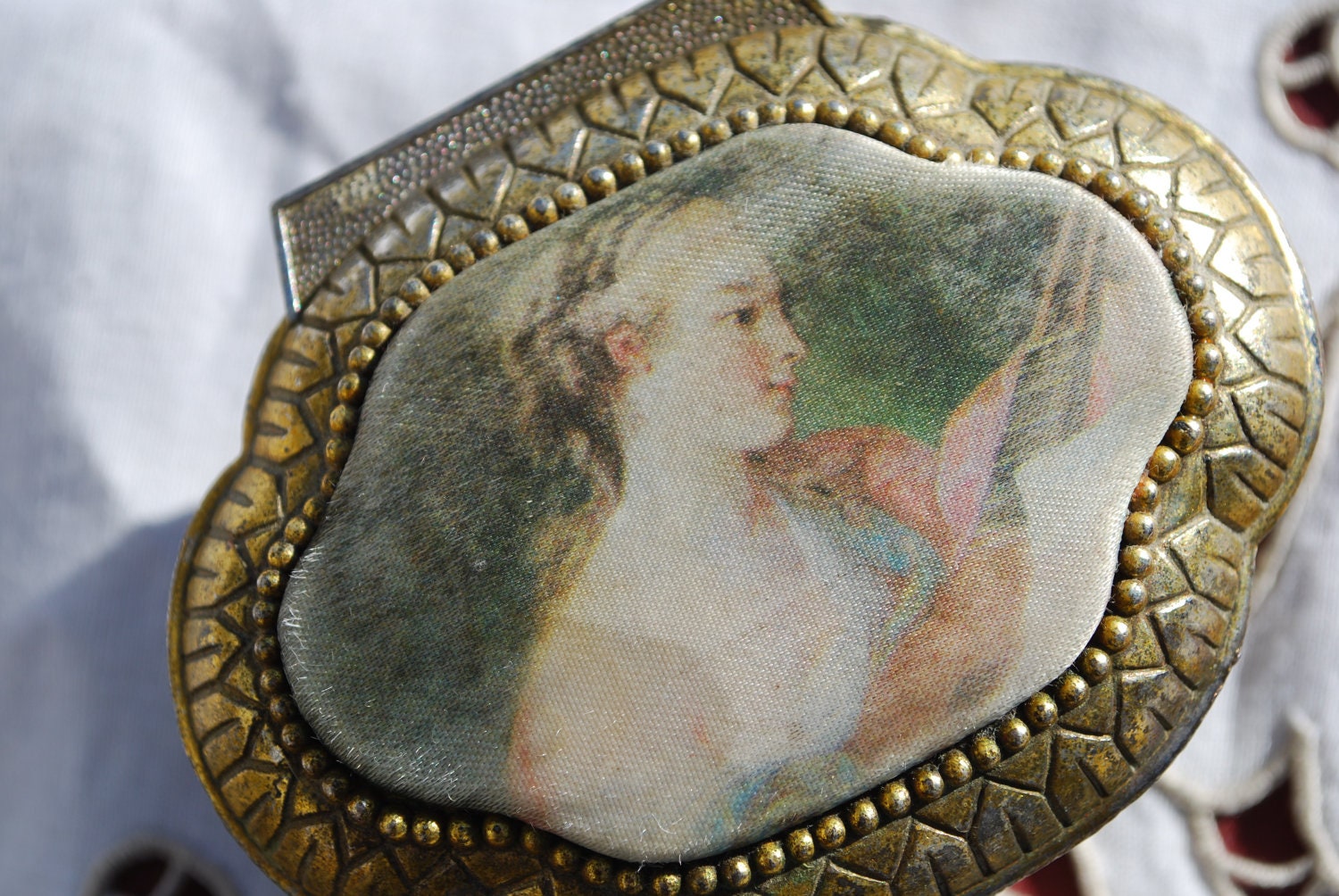 Beautiful Antique Trinket box, brass finish and printed silk lid. Wedding Ring Holder.