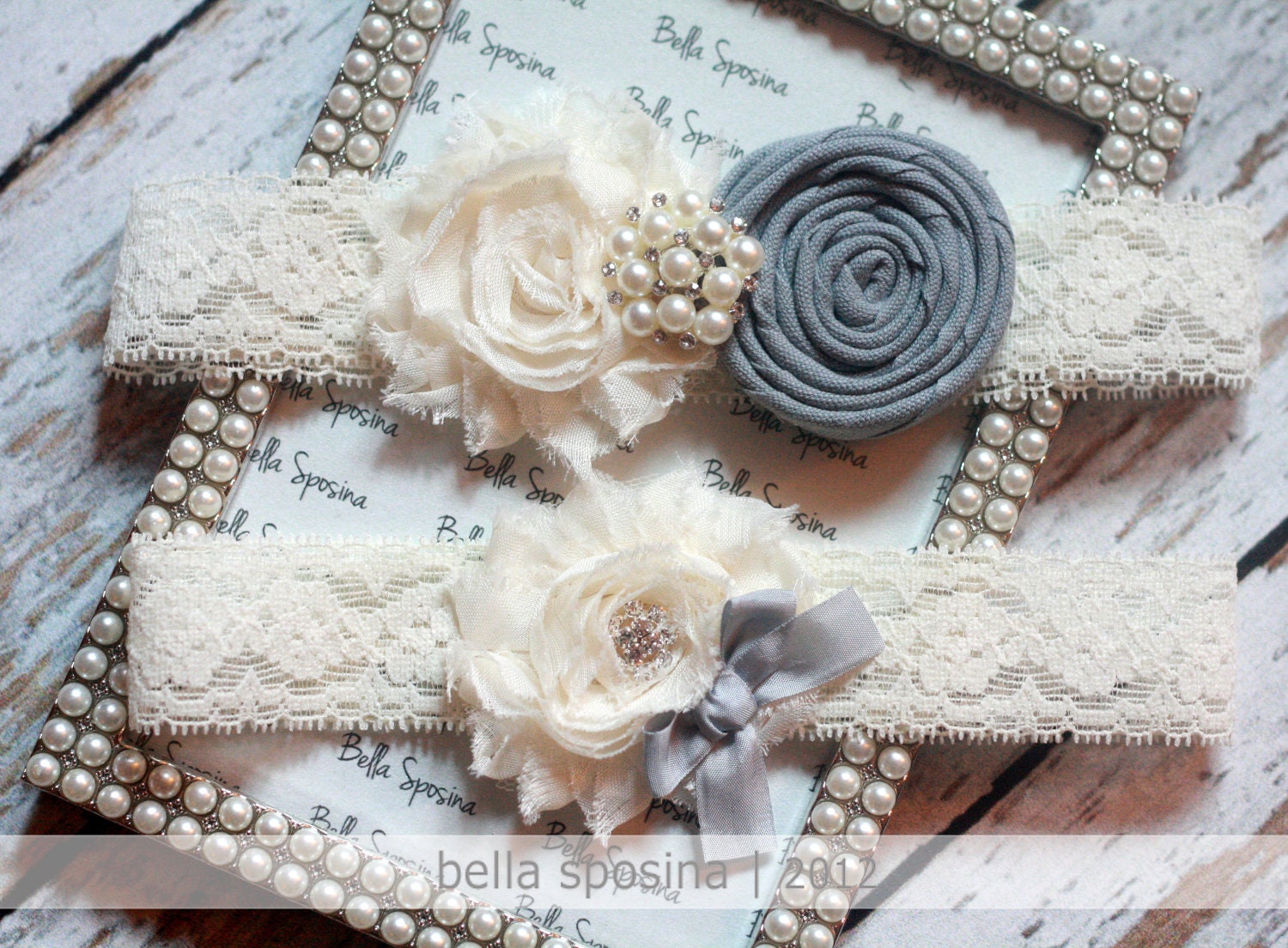 Grey and Ivory Cream Bridal Garter and Toss Garter - Wedding Garter -  Rhinestone and Pearl