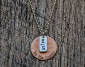 Vegan Be the Change Hand Stamped Copper and Recycled Sterling Silver Necklace, Textured Metal, Unisex, Yoga, Eco-Friendly, 16" Ball Chain