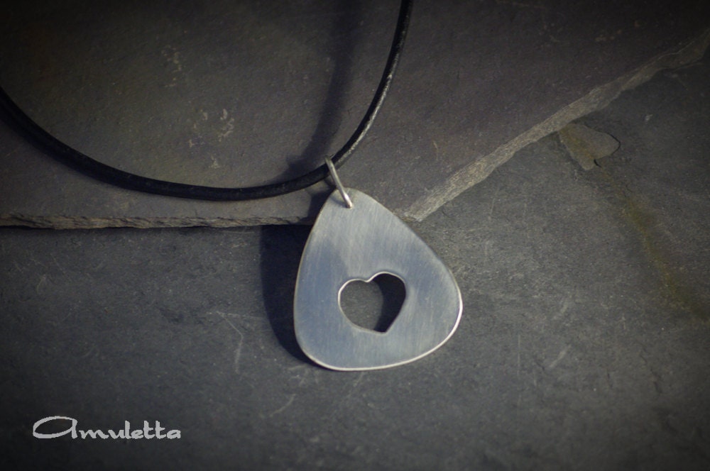 Guitar pick with Heart, cool pendant, nickel silver, handmade - AmulettaHu