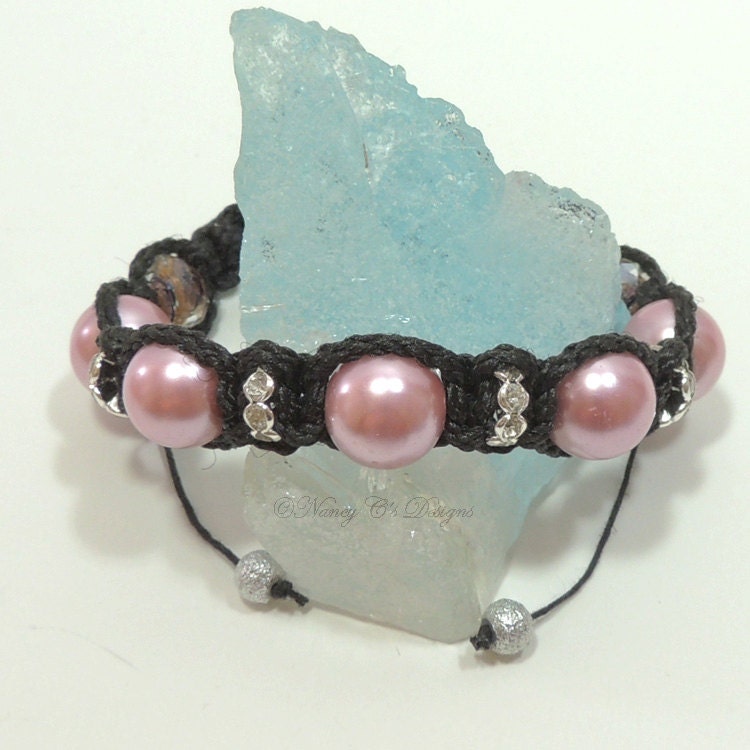 Handmade Shamballa Bracelet, Pink Glass Pearls and Rhinestones