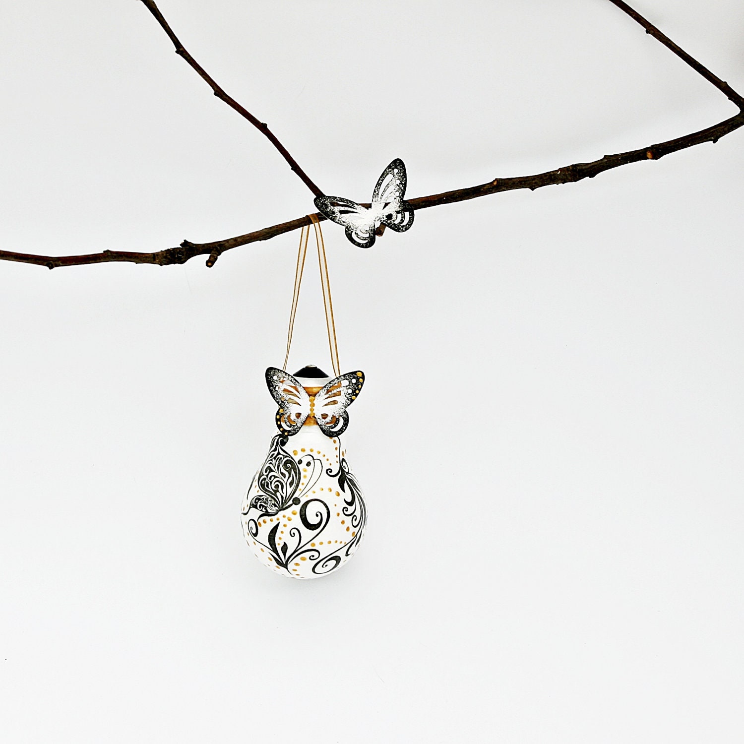 SALE 20% Handmade Decoupage Glass Bulb Decorated with Butterflies Painted in Black, White and Gold
