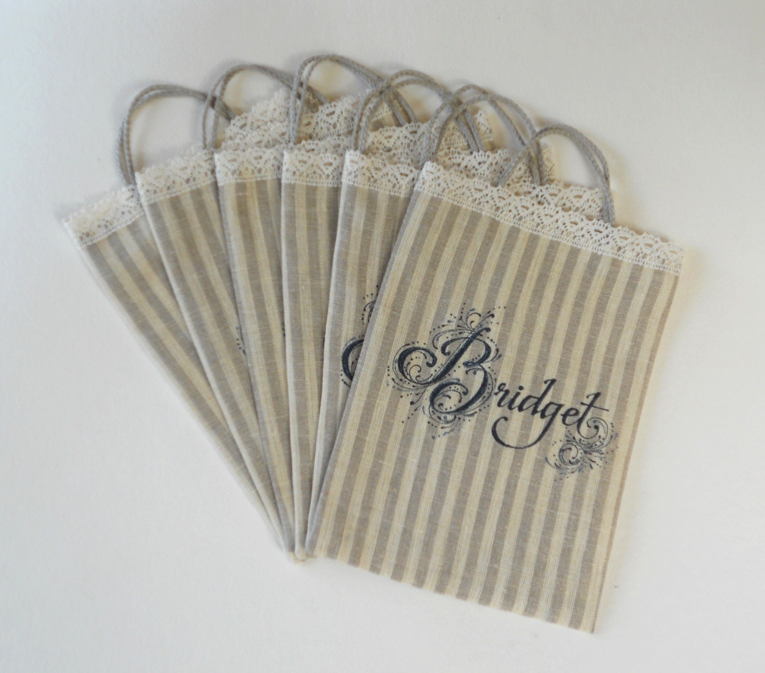 Bridal favor bags linen and lace striped gray and ivory linen tote bags personalized