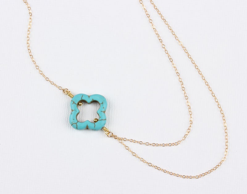 Turquoise clover necklace, Asymmetric necklace, gold clover necklace, bridal necklace, simple gold jewelry, layered necklace, "Erato"