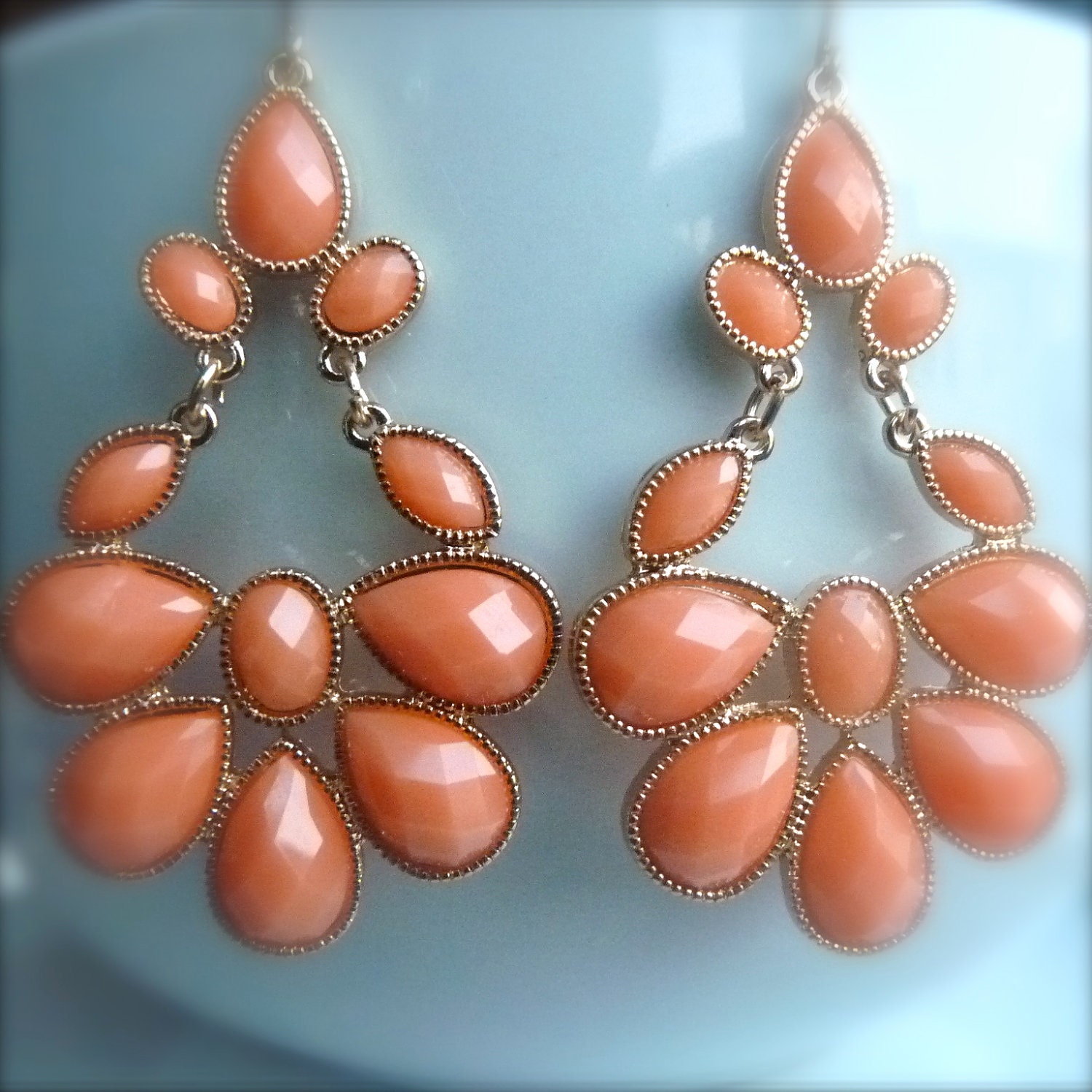 Coral Salmon Peach Teardrop Glass Chandelier Earrings. 187