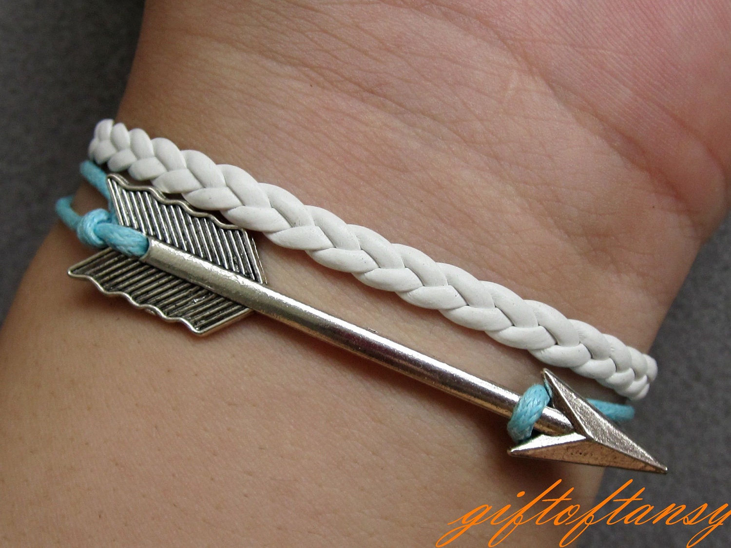 Arrow Bracelet - Sliver Arrow Bracelet, White Leather Braid Bracelet, Inspired by Katniss's Arrow of Hunger Games - J211