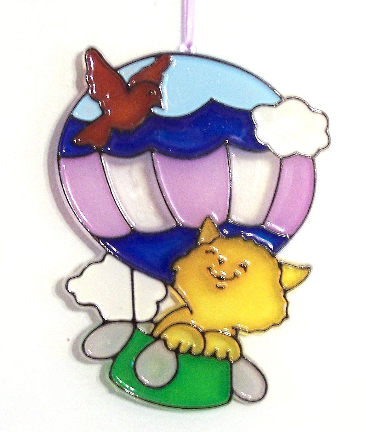 ORNAMENT - Kitten In Balloon - Acrylic - Yellow - Purple - Blue - Green - Red - Hand Stained