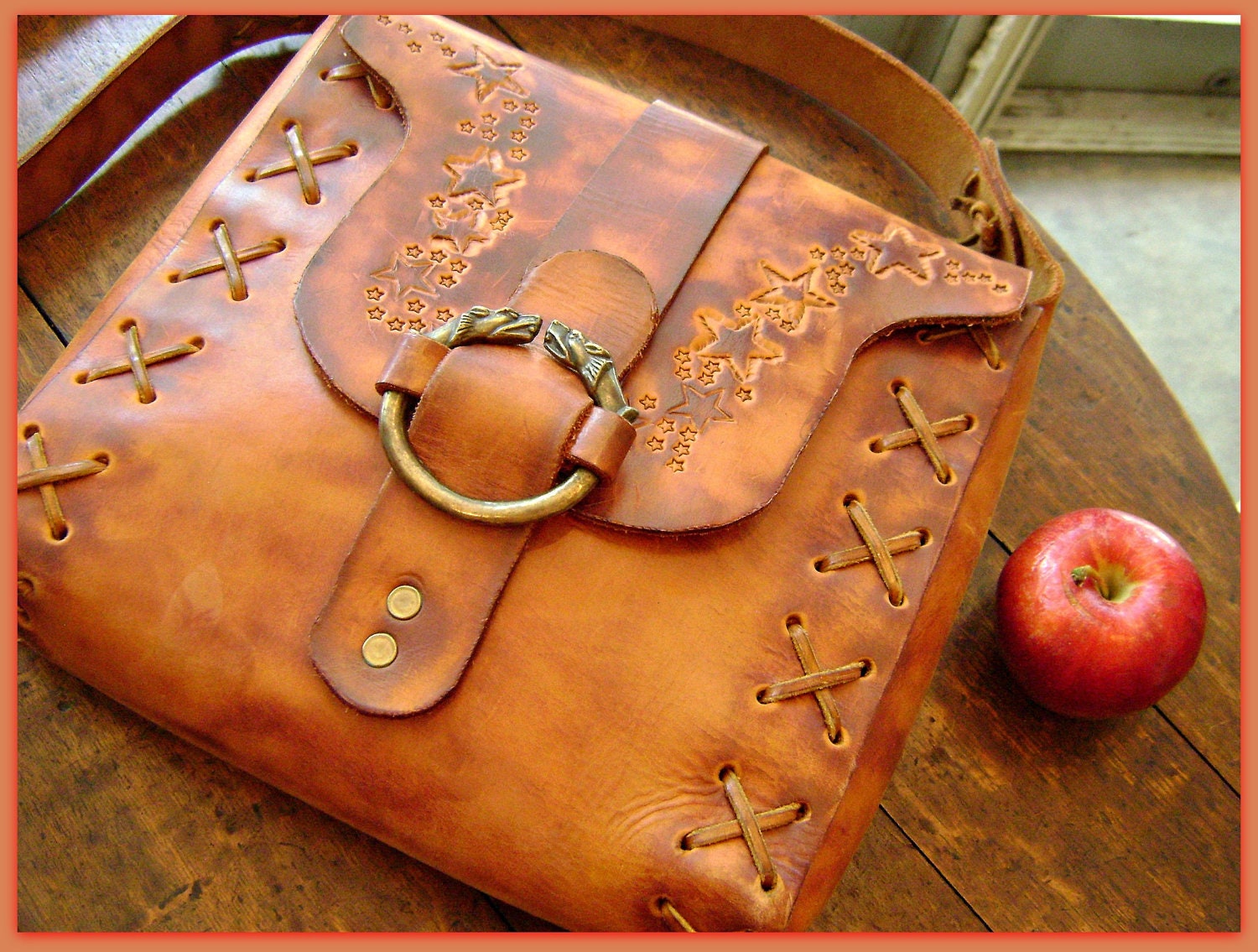 Vintage Large Handtooled Leather Satchel with Dog Buckle