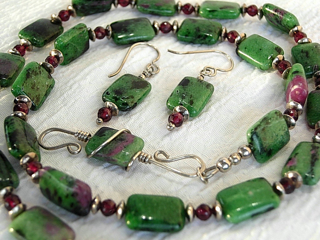 Ruby in Zoisite, Garnet and a Sterling Silver Clasp Necklace and Earring Set, Green and Burgundy