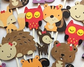 12 Girly Woodland Animal Cupcake Toppers with red bows,Cupcake Toppers,Skunk,Squirrel,Fawn,Owl,Raccoon,Hedgehog,Fox,Beaver,Forest Friends