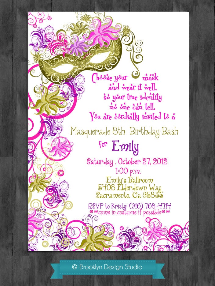 Masquerade or Mardi Gras Party Invitation - Gold, Pink, Purple & White - Birthday, Sweet 16, Bridal, etc. party Digital File