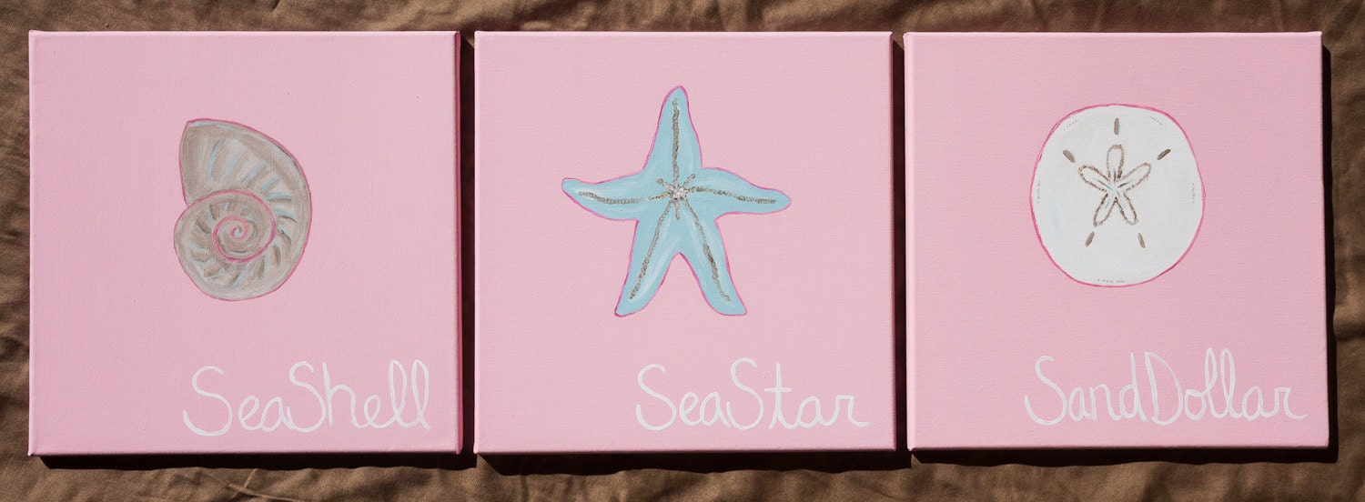 Sea Creatures, Set of 3 12x12 Acrylic on Canvas, Sand Dollar/Sea Star/Sea Shell in Pink, Sand and Blue