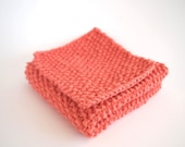 hand knit coral pink cotton washcloth and facial scrubber bath set
