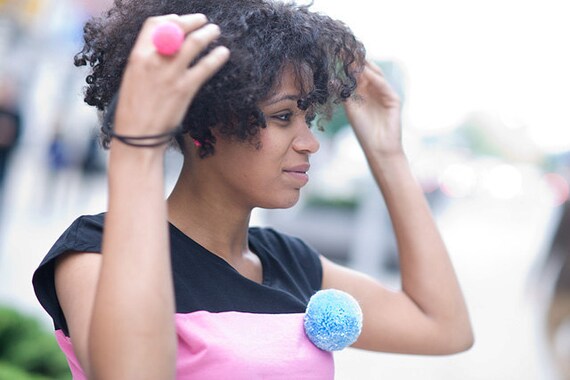 handmade brooch with a big light blue pompom, pom pom, pompon by bimabejbe