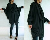 Boho Oversized Womens Black Blouse / Black Tunic - Oversized Tunic / Tunic Dress.... Extra Large long sleeve Poncho tunic dress with scarf