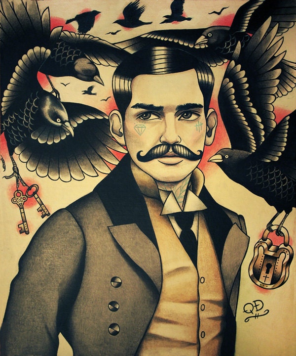 Crows and Tattooed Man with Moustache Art Print