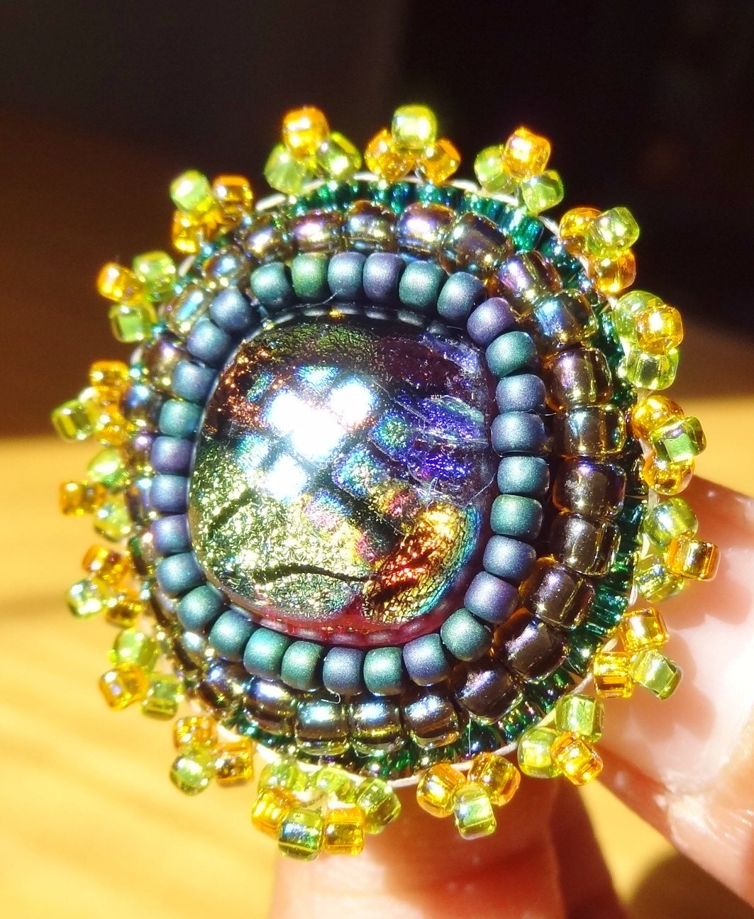 40% OFF SALE - Sunflower: Bead embroidered cocktail ring with dichroic cabochon and seed beads