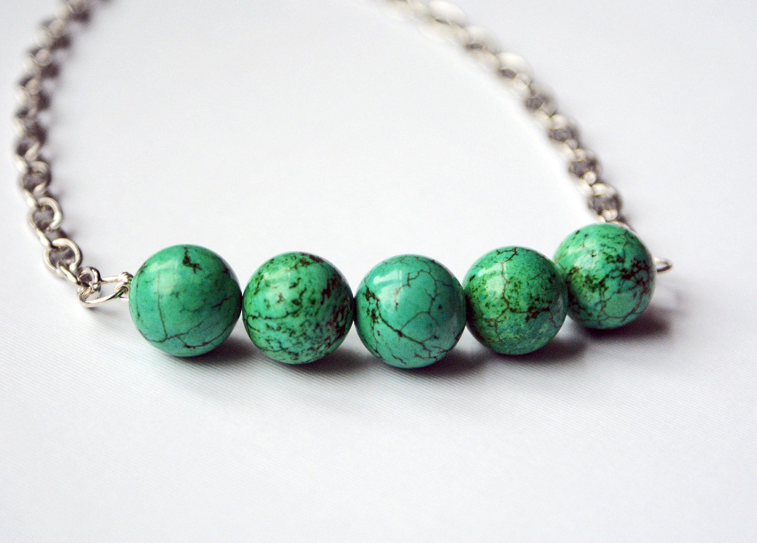 Turquoise Bead Single Row Necklace on Silver Chain