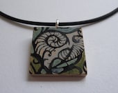 Surreal, mint, sage, forest green, silver gray, Handmade one of a kind wooden square pendant, hand painted ink swirls wood pendant