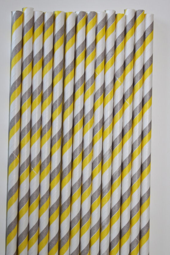 25 Yellow & Lt. Grey Stripes Paper  straws 2 birthday party event cake pop sticks Bonus diy straw flags