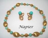 Napier Gold Tone and Turquoise Art Glass Necklace & Dangle Earrings