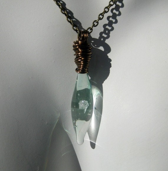 Quartz crystal encased in Hand Blown Glass, wire wrapped emerald green pendant necklace -ooak