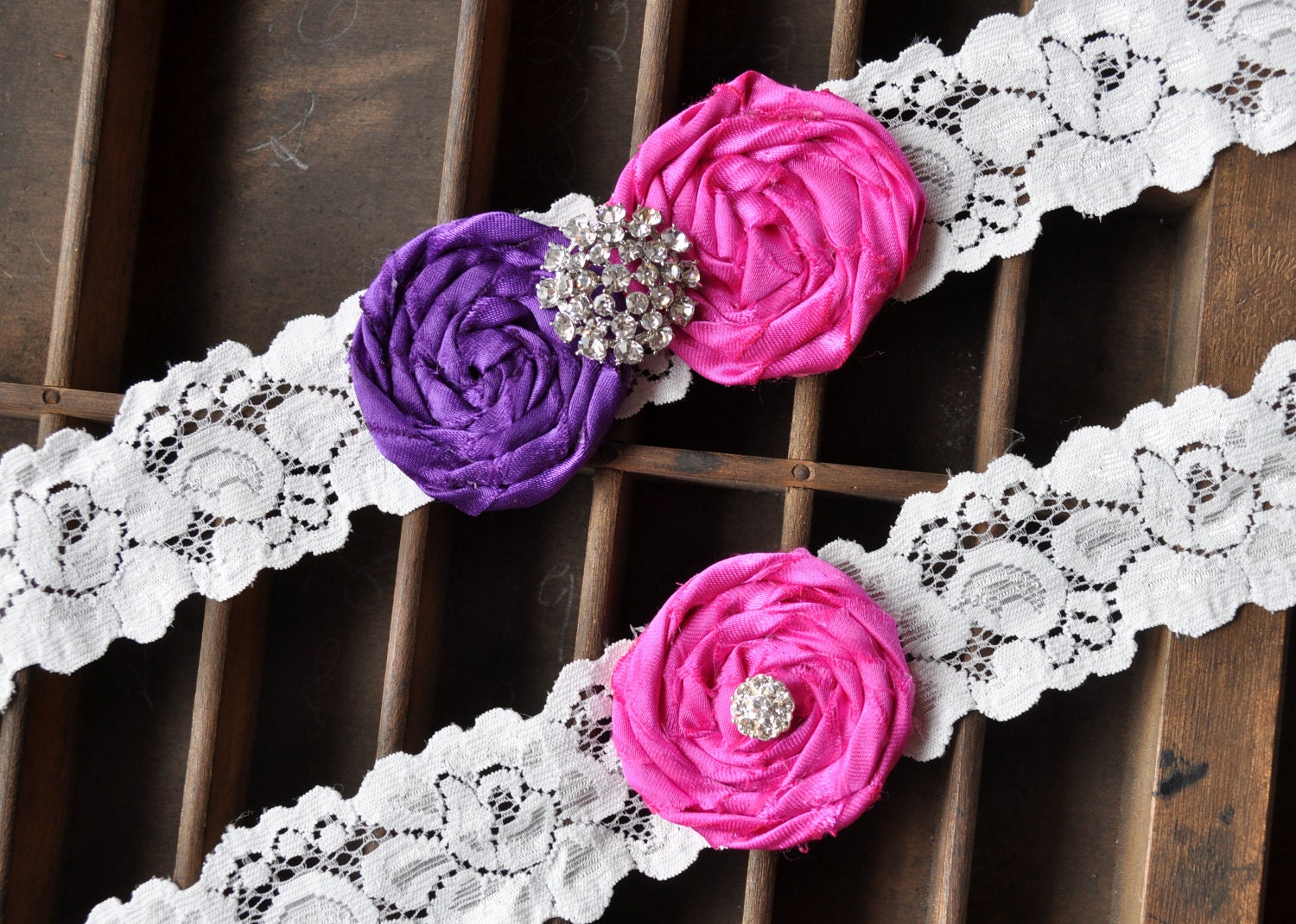 Wedding Garter, Bridal Garter Set - Lace Garter, Keepsake Garter, Toss Garter Included, Rolled Silk Rosette Hot Pink Dark Purple