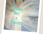 Bridal Set of 3 Pieces, Wedding Sash Garter Set Hair Piece, Bow 2 inches Sash Belt, ivory pearls,  illusion veil tulle bow - HANDMADE