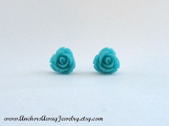 Large Sky Blue Rose Stud Earrings - Flower Earrings - Great Gift
