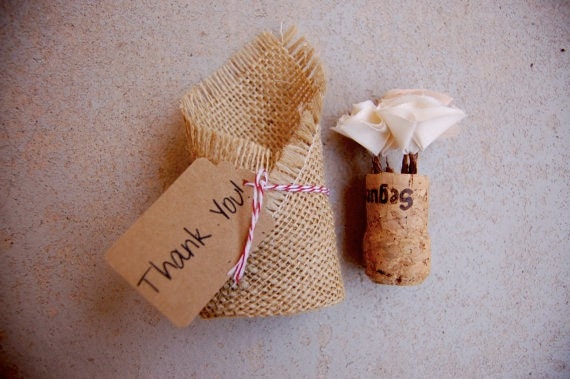 Mother's Day Gift - Thank You Burlap Sacks Gift Envelopes - with Fabric Flower Cork Planters - Wedding Favors