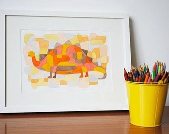 Nursery Art Print Mid Century Modern 'Dinosaur 2' Kids Art Print pink yellow orange grey 8 x 10