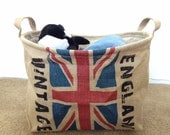 National Basket- England -Linen Fabric Basket, linen bin, desk organizer, leather handler, nature, waterproof