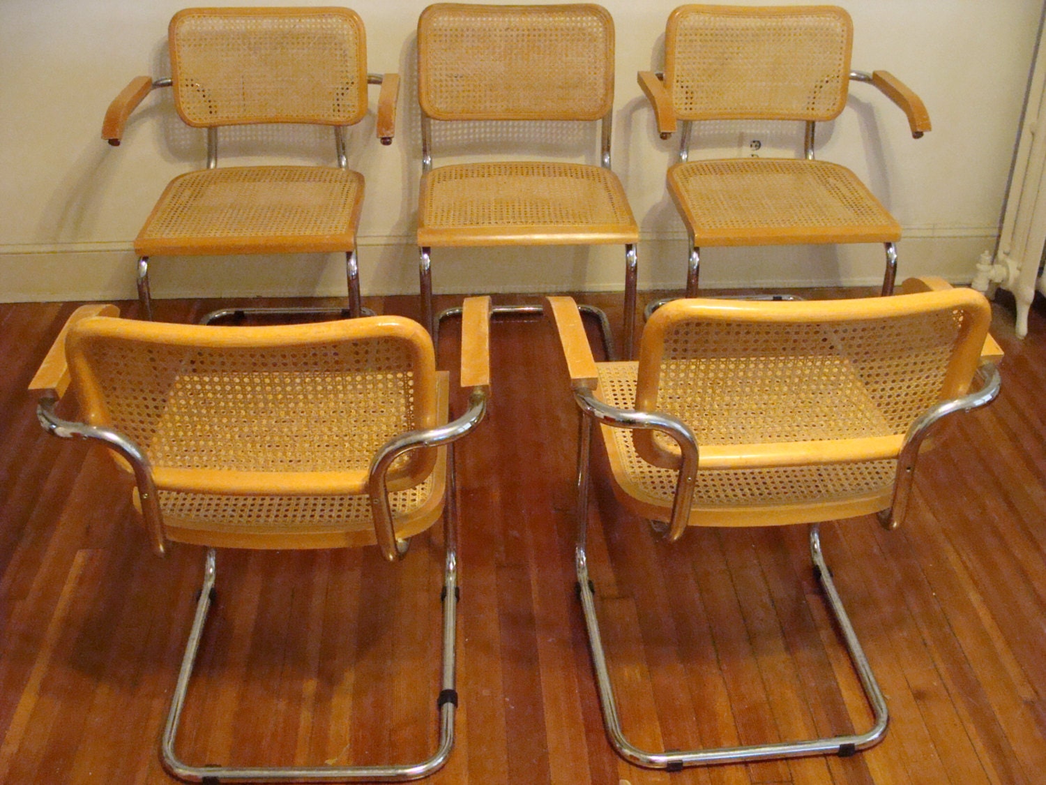 Five Vintage Modern Cesca Cane & Chrome Dining Chairs Set of 5 Mid Century Kitchen Chairs