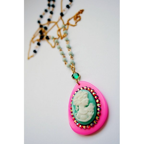 Neon pop indian summer rosary, whimsical and magical necklace lady cameo