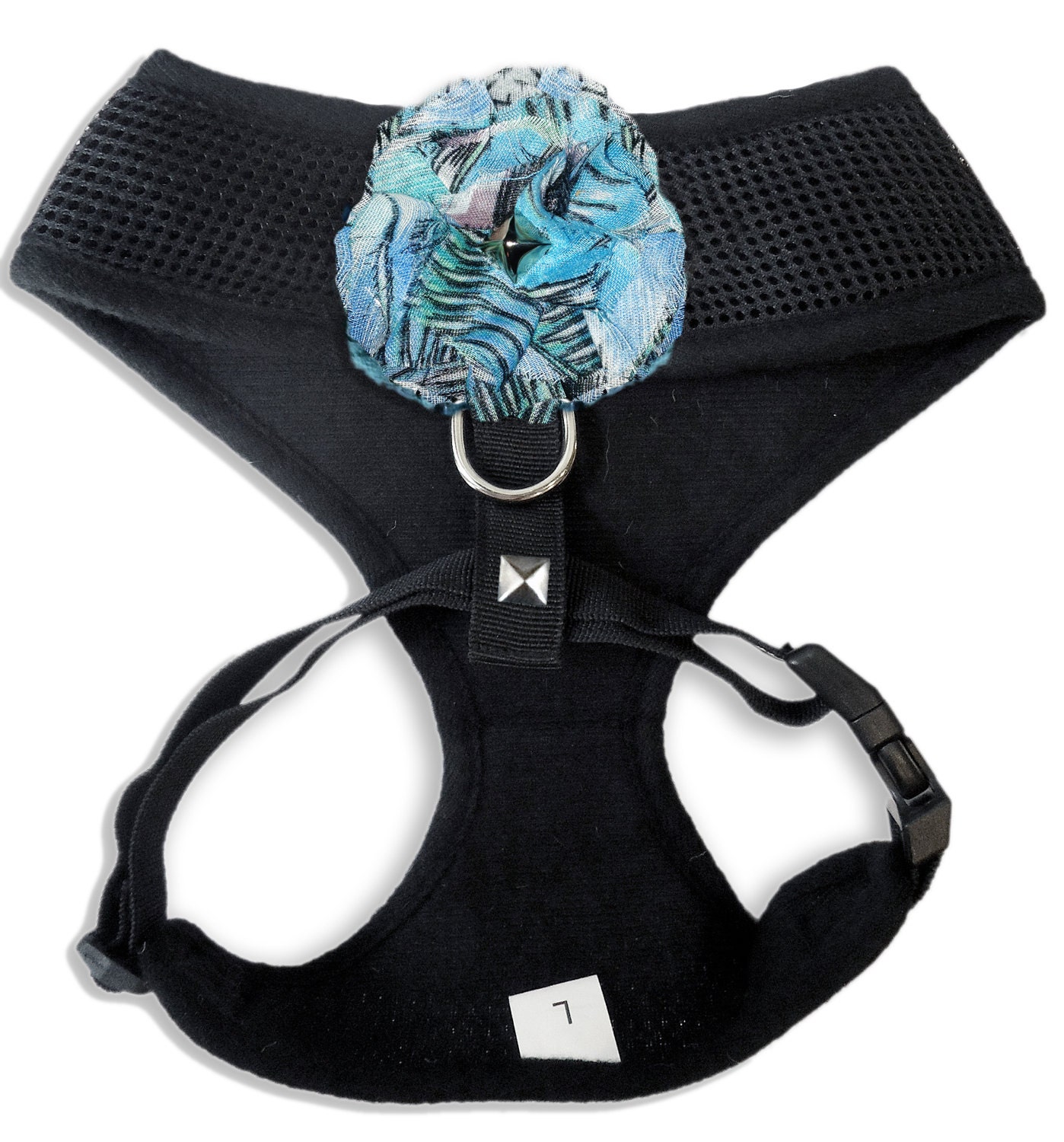 Dog Harness / Collar - Mesh Adjustable - Black or Blue - Size L "Tribal Sketch Fabric Flower"