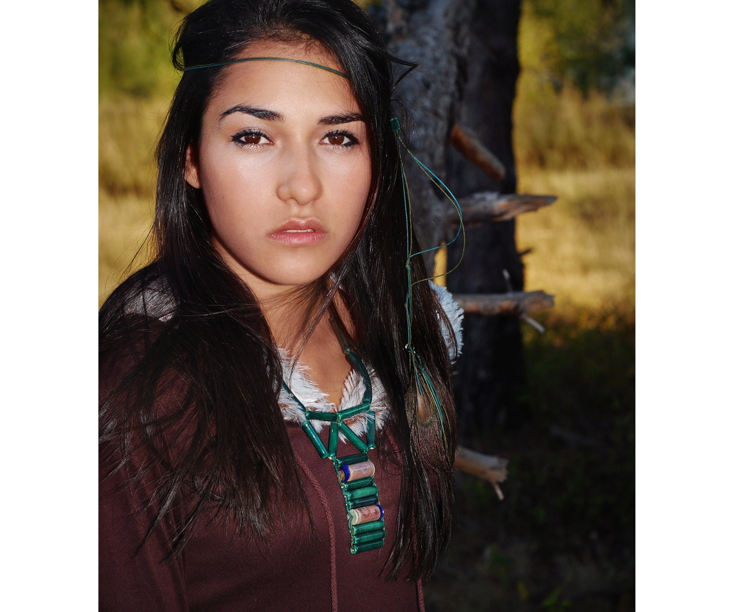 Green Pocahontas Necklace - Necktie . Tribal handmade jewelry, gypsy, aztec, indian style. eco-friendly, natural colors, geometry accessory