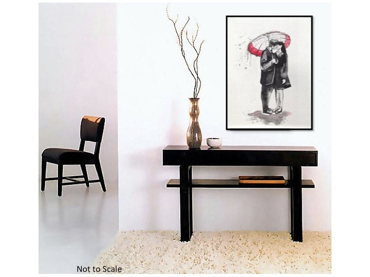 Love autumn rain romance kiss Fine art Print from Original Watercolor Painting, contemporary modern wall art illustration