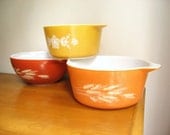 Vintage Pyrex Casserole Dishes, Autumn Color Collection, Flower, Wheat Design - DewyMorningVintage