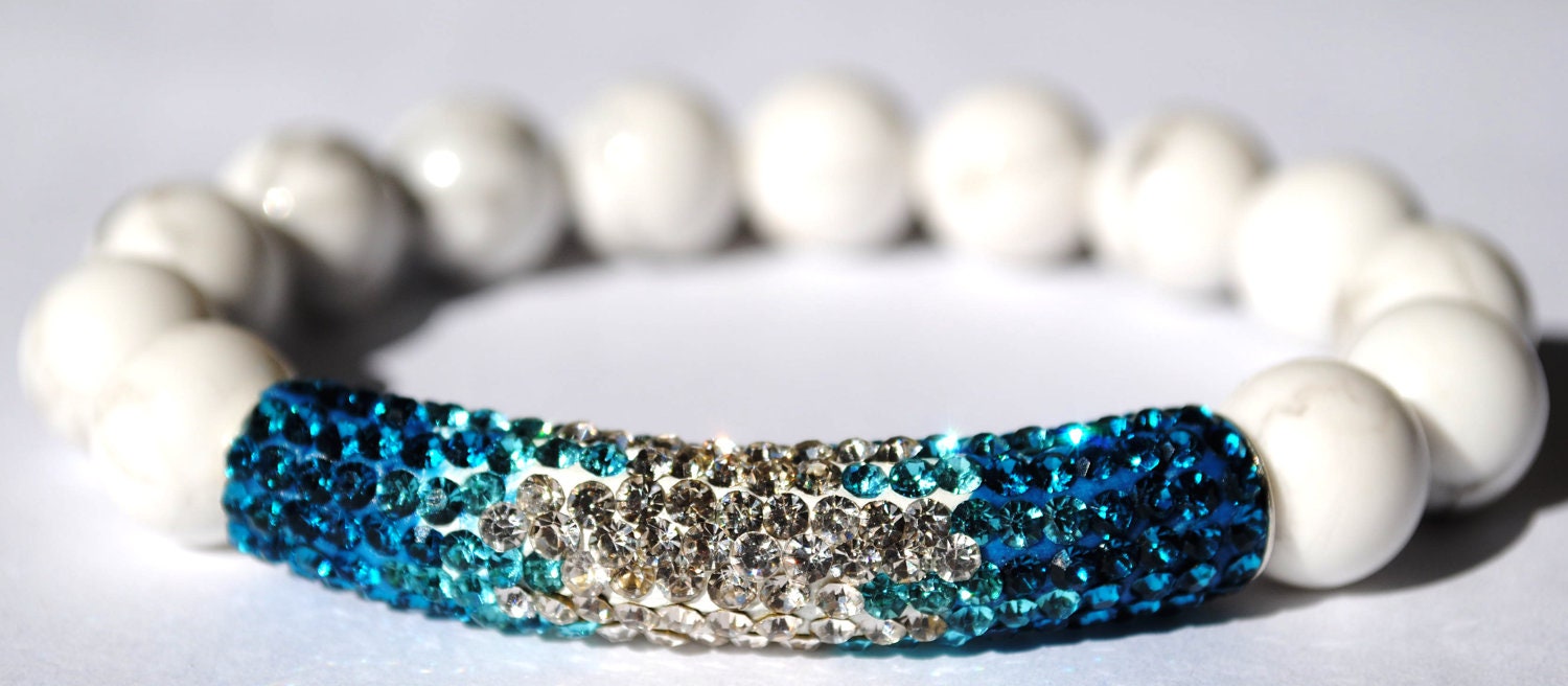 Semi Precious White Jade Gemstone Beaded Stretch Bracelet with Silver Pave Teal and Blue Rhinestone Bar